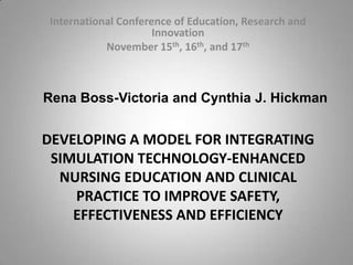 International Conference of Education, Research and Innovation November 15th, 16th, and 17th Rena Boss-Victoria and Cynthia J. Hickman DEVELOPING A MODEL FOR INTEGRATING SIMULATION TECHNOLOGY-ENHANCED NURSING EDUCATION AND CLINICAL PRACTICE TO IMPROVE SAFETY, EFFECTIVENESS AND EFFICIENCY 