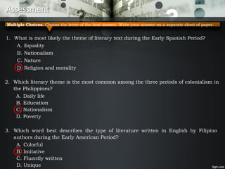Assessment
1. What is most likely the theme of literary text during the Early Spanish Period?
A. Equality
B. Nationalism
C. Nature
D. Religion and morality
Multiple Choices. Choose the letter of the best answer. Write your answer on a separate sheet of paper.
2. Which literary theme is the most common among the three periods of colonialism in
the Philippines?
A. Daily life
B. Education
C. Nationalism
D. Poverty
3. Which word best describes the type of literature written in English by Filipino
authors during the Early American Period?
A. Colorful
B. Imitative
C. Fluently written
D. Unique
 