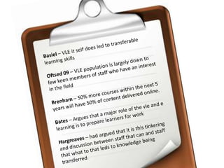 Basiel – VLE it self does led to transferable learning skillsOftsed 09 – VLE population is largely down to few keen members of staff who have an interest in the fieldBrenham – 50% more courses within the next 5 years will have 50% of content delivered online. Bates – Argues that a major role of the vle and e learning is to prepare learners for work Hargreaves – had argued that it is this tinkering and discussion between staff that can and staff that what to that leds to knowledge being transferred