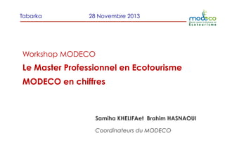 Tabarka

28 Novembre 2013

Workshop MODECO

Le Master Professionnel en Ecotourisme
MODECO en chiffres

Samiha KHELIFAet Brahim HASNAOUI
Coordinateurs du MODECO

 