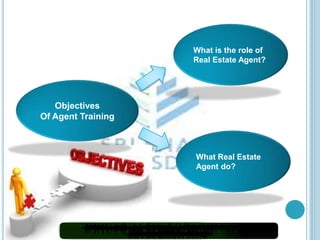Objectives 
Of Agent Training 
What is the role of 
Real Estate Agent? 
What Real Estate 
Agent do? 
 