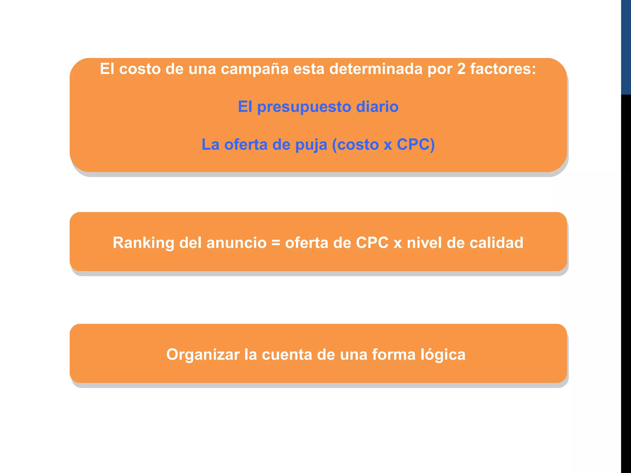 El costo de una campaña esta determinada por 2 factores:
El costo de una campaña esta determinada por 2 factores:

                 El presupuesto diario
                 El presupuesto diario

            La oferta de puja (costo x CPC)
            La oferta de puja (costo x CPC)




 Ranking del anuncio = oferta de CPC x nivel de calidad
 Ranking del anuncio = oferta de CPC x nivel de calidad




        Organizar la cuenta de una forma lógica
        Organizar la cuenta de una forma lógica
 