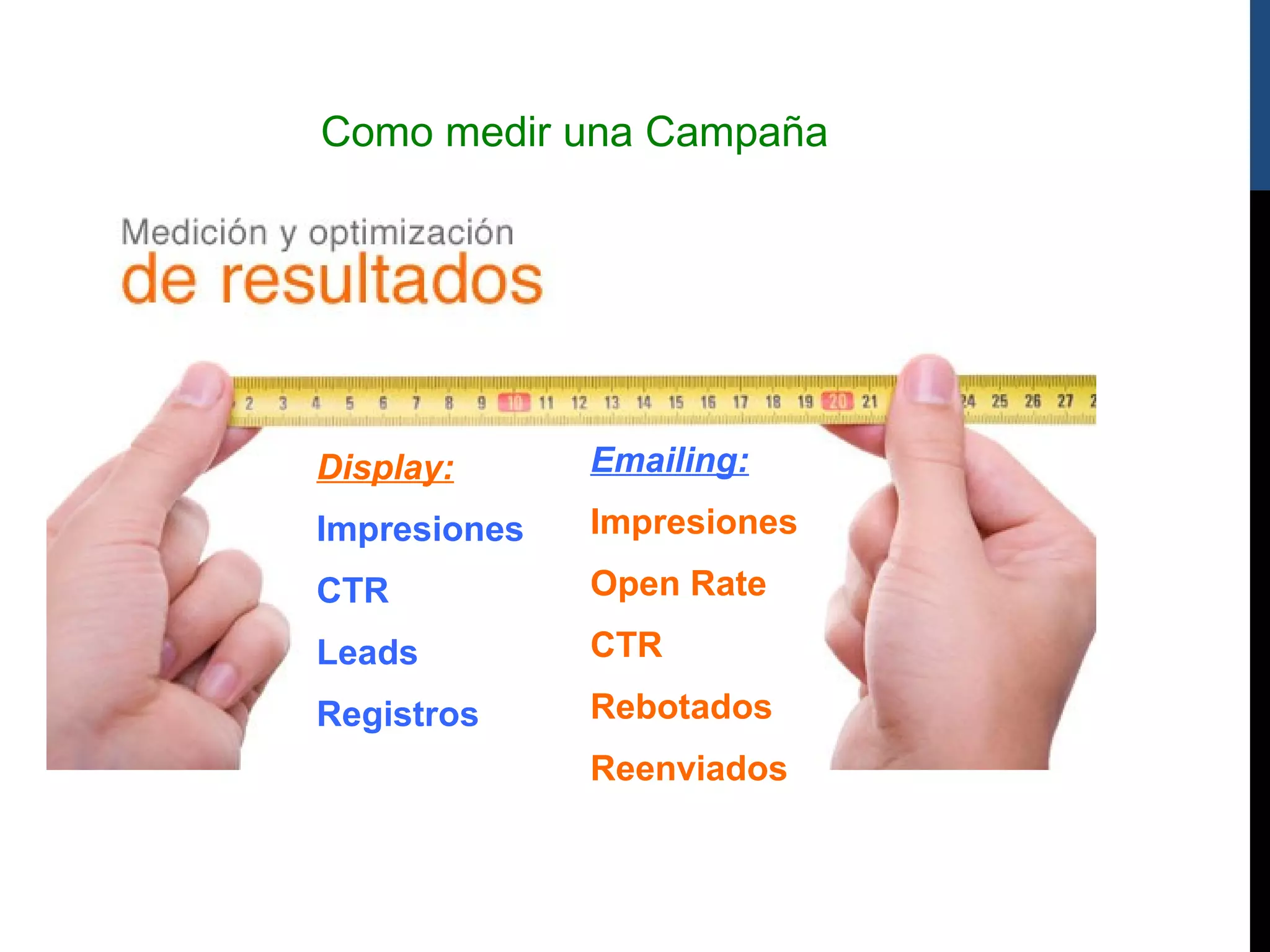 Como medir una Campaña




Display:      Emailing:
Impresiones   Impresiones
CTR           Open Rate
Leads         CTR
Registros     Rebotados
              Reenviados
 