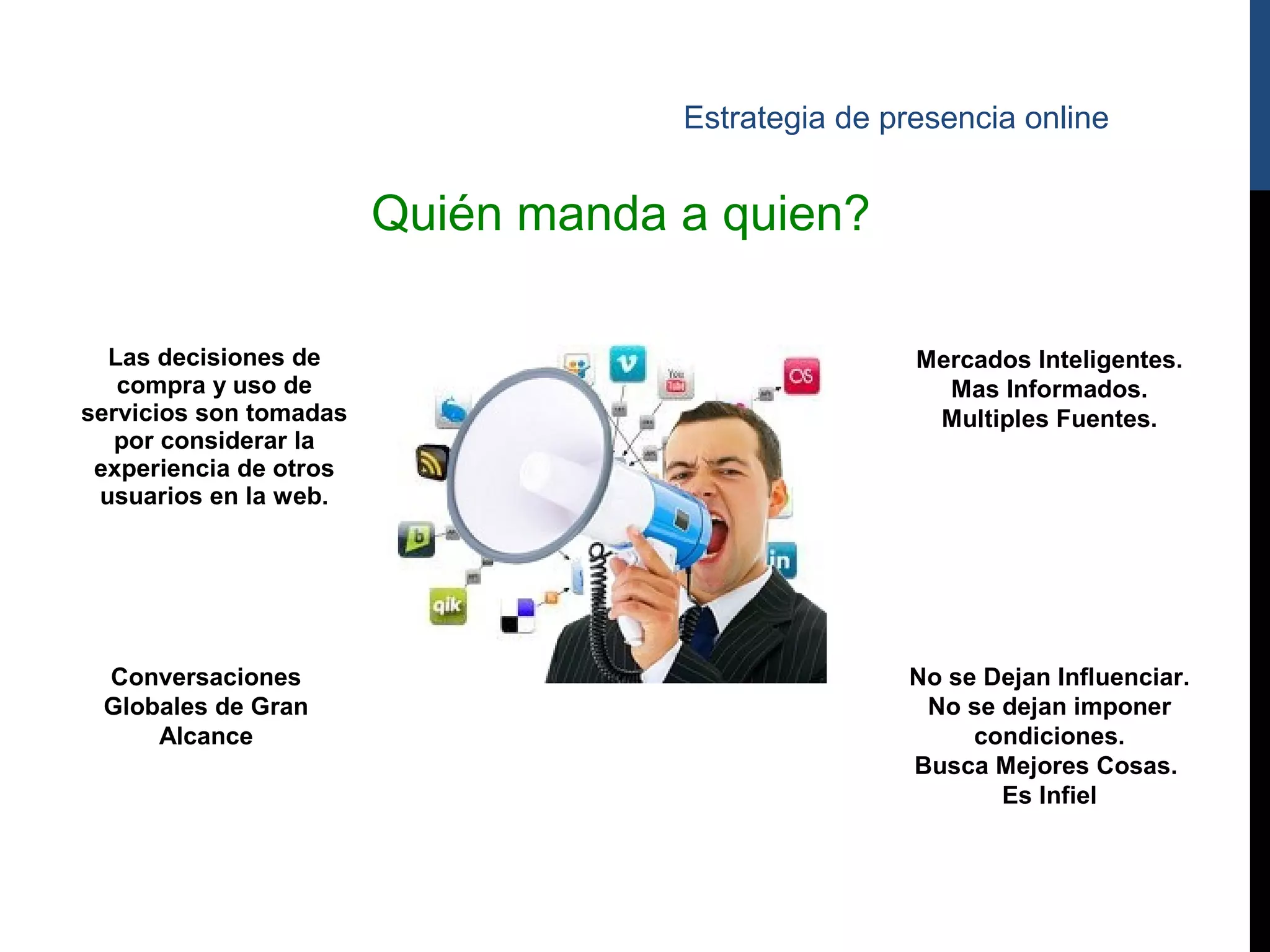 Estrategia de presencia online


                        Quién manda a quien?

  Las decisiones de                                 Mercados Inteligentes.
   compra y uso de                                    Mas Informados.
servicios son tomadas                                Multiples Fuentes.
   por considerar la
 experiencia de otros
 usuarios en la web.




 Conversaciones                                    No se Dejan Influenciar.
 Globales de Gran                                   No se dejan imponer
     Alcance                                            condiciones.
                                                   Busca Mejores Cosas.
                                                          Es Infiel
 