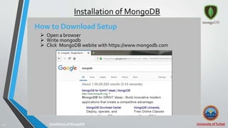 University ofTurbat10 |
Installation of MongoDB
How to Download Setup
Installation of MongoDB
 Open a browser
 Write mongodb
 Click MongoDB webite with https://www.mongodb.com
 