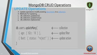 University ofTurbat44 |
MongoDB CRUD Operations
UPDATE Operations
 Update operations modify existing documents in a collection.
 Methods For Updating…….
1. db.collection.updateone()
2. db.collection.updatemany()
3. db.collection.replaceone()
MongoDB CRUDOperations
 