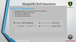 University ofTurbat45 |
MongoDB CRUD Operations
DELETE Operations
 Delete operations remove documents from a collection
 Methods For Deleting Documents…
1. db.collection.deleteone()
2. db.collection.deletemany()
MongoDB CRUDOperations
 