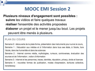 MOOC EMI Session 2
Plusieurs niveaux d'engagement sont possibles :
suivre les vidéos et faire quelques travaux
réaliser l'ensemble des activités proposées
élaborer un projet et le mener jusqu'au bout. Les projets
peuvent être menés à plusieurs.
 
