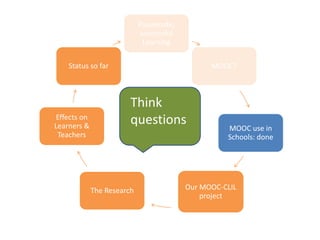 CLIL and MOOC?
• Content and Language Integrated Learning
(English and French)
• Massive Open Online Courses (EdX, FUN,
Coursera, FutureLearn).
 