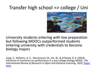 Lessonplan (work in transition)
Three major parts:
• GroupMOOC: introducing MOOC, the elements,
platforms, interactions… Class progress
• EigenMOOC (OwnMOOC): students choose from a
selection, grouped per 3.
• Evaluation & production: evaluate the whole process
and build an intro for next year’s students
GroupMOOC OwnMOOC
Evaluate and
Produce
 