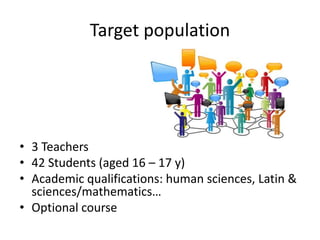 Evaluation
• Logbook students: 5 min per 2h class
• SAM-scale (Attitude and skills)
• Self-esteem and motivation (research part)
• Process throughout the year
28
 