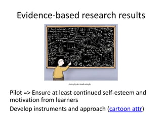 Typical lesson  MOOC -CLIL
Normal lesson MOOC – CLIL lesson
The content is pre-defined by the
curriculum . It is tested.
The content is suggested. Students are
asked to understand it, reflect upon it and
discuss it. Not to be tested.
The teacher chooses content. The learner is increasingly asked to choose
the content autonomously.
Teacher-led Learner-led
 