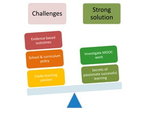 Don’t talk about it, Do It
Meta-learning is not (always) taught, it is Done and Felt. Don’t talk about how
to learn in a MOOC, give them the experience.
Like ping pong, you mention the pad, the ball… but smashing is learned by
doing.
 