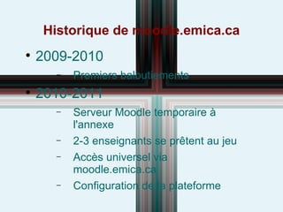 Historique de moodle.emica.ca 2009-2010 Premiers balbutiements 2010-2011 Serveur Moodle temporaire à l'annexe 2-3 enseignants se prêtent au jeu Accès universel via moodle.emica.ca Configuration de la plateforme 