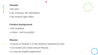 Vessels
•AV ratio
• AV crossing: No indentation
• No arterial light reflex
Fundus background
• No exudates
• colour: red to purplish
Macula
• macula is located 2.5 disc distance temporal to disc
• no vessels are noted around Macula
• it may be slightly pigmented
 
