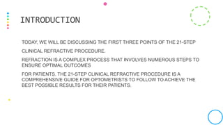 TODAY, WE WILL BE DISCUSSING THE FIRST THREE POINTS OF THE 21-STEP
CLINICAL REFRACTIVE PROCEDURE.
REFRACTION IS A COMPLEX PROCESS THAT INVOLVES NUMEROUS STEPS TO
ENSURE OPTIMAL OUTCOMES
FOR PATIENTS. THE 21-STEP CLINICAL REFRACTIVE PROCEDURE IS A
COMPREHENSIVE GUIDE FOR OPTOMETRISTS TO FOLLOW TO ACHIEVE THE
BEST POSSIBLE RESULTS FOR THEIR PATIENTS.
INTRODUCTION
 