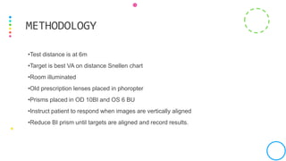 •Test distance is at 6m
•Target is best VA on distance Snellen chart
•Room illuminated
•Old prescription lenses placed in phoropter
•Prisms placed in OD 10BI and OS 6 BU
•Instruct patient to respond when images are vertically aligned
•Reduce BI prism until targets are aligned and record results.
METHODOLOGY
 