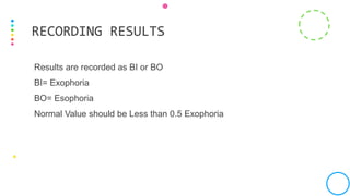 Results are recorded as BI or BO
BI= Exophoria
BO= Esophoria
Normal Value should be Less than 0.5 Exophoria
RECORDING RESULTS
 