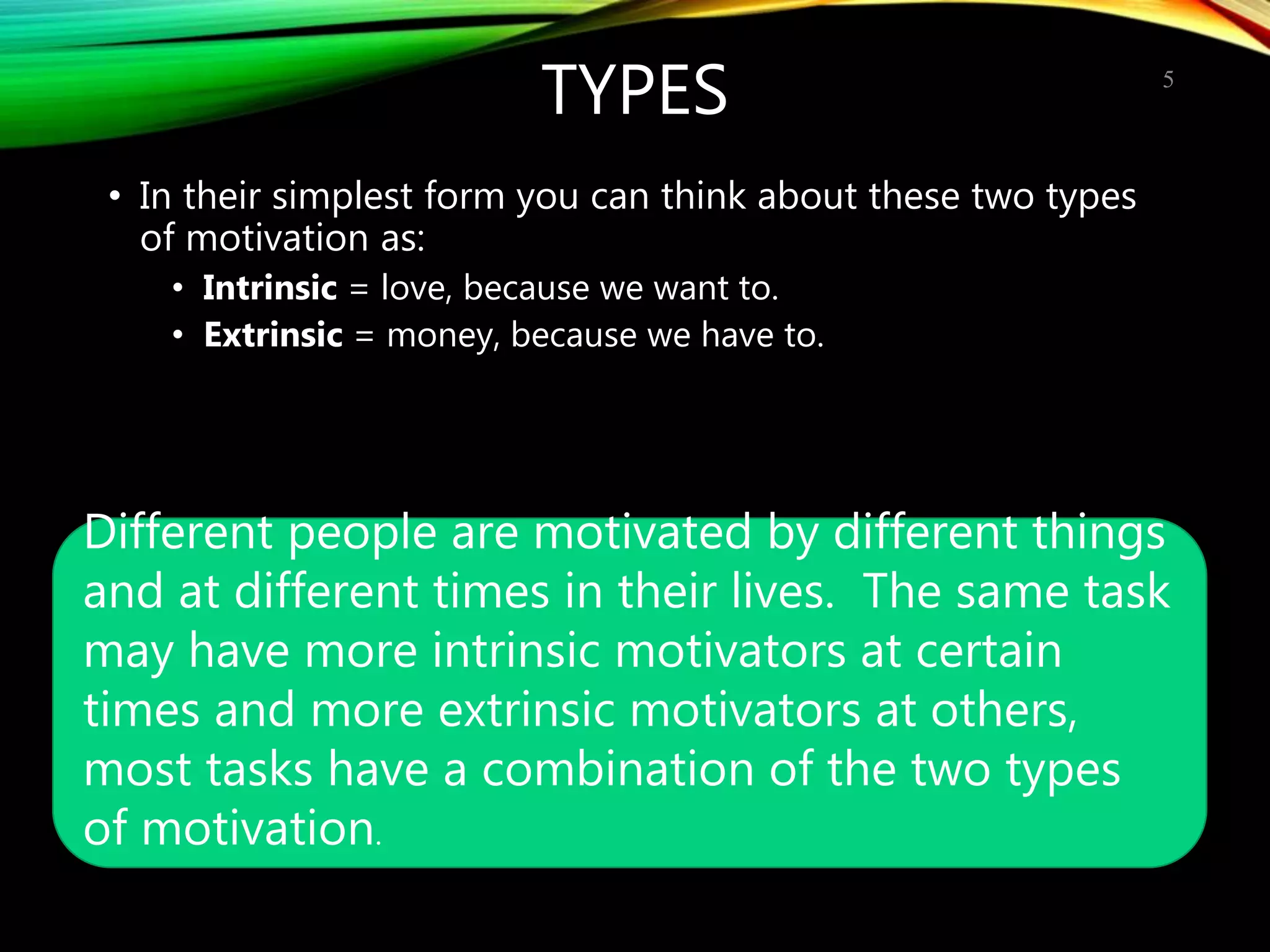TYPES
• In their simplest form you can think about these two types
of motivation as:
• Intrinsic = love, because we want to.
• Extrinsic = money, because we have to.
5
Different people are motivated by different things
and at different times in their lives. The same task
may have more intrinsic motivators at certain
times and more extrinsic motivators at others,
most tasks have a combination of the two types
of motivation.
 