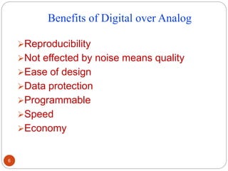 Benefits of Digital over Analog
Reproducibility
Not effected by noise means quality
Ease of design
Data protection
Programmable
Speed
Economy
6
 