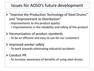  “Improve the Production Technology of Steel Drums”
and “Improvement to Distribution”
- Improvements to the product quality
= Improvements in the reliability and safety of the product
 Harmonization of product standards
- To be an efficient and easy to use for our customers
 Improved worker safety
- To work towards eliminating industrial accidents
 Conduct PR
- To increase awareness of benefits of using steel drums
15
Issues for AOSD’s future development
 