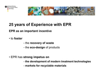 25 years of Experience with EPR
EPR as an important incentive
• to foster
- the recovery of waste
- the eco-design of products
• EPR has strong impetus on
- the development of modern treatment technologies
- markets for recyclable materials
 