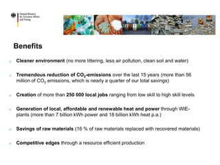 Benefits
o Cleaner environment (no more littering, less air pollution, clean soil and water)
o Tremendous reduction of CO2-emissions over the last 15 years (more than 56
million of CO2 emissions, which is nearly a quarter of our total savings)
o Creation of more than 250 000 local jobs ranging from low skill to high skill levels
o Generation of local, affordable and renewable heat and power through WtE-
plants (more than 7 billion kWh power and 18 billion kWh heat p.a.)
o Savings of raw materials (16 % of raw materials replaced with recovered materials)
o Competitive edges through a resource efficient production
 