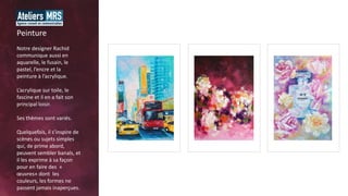 Notre designer Rachid
communique aussi en
aquarelle, le fusain, le
pastel, l’encre et la
peinture à l’acrylique.
L’acrylique sur toile, le
fascine et il en a fait son
principal loisir.
Ses thèmes sont variés.
Quelquefois, il s’inspire de
scènes ou sujets simples
qui, de prime abord,
peuvent sembler banals, et
il les exprime à sa façon
pour en faire des «
œuvres» dont les
couleurs, les formes ne
passent jamais inaperçues.
Peinture
 