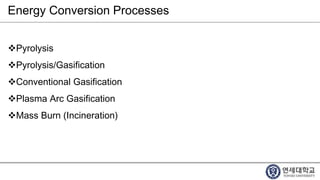 Energy Conversion Processes
Pyrolysis
Pyrolysis/Gasification
Conventional Gasification
Plasma Arc Gasification
Mass Burn (Incineration)
 