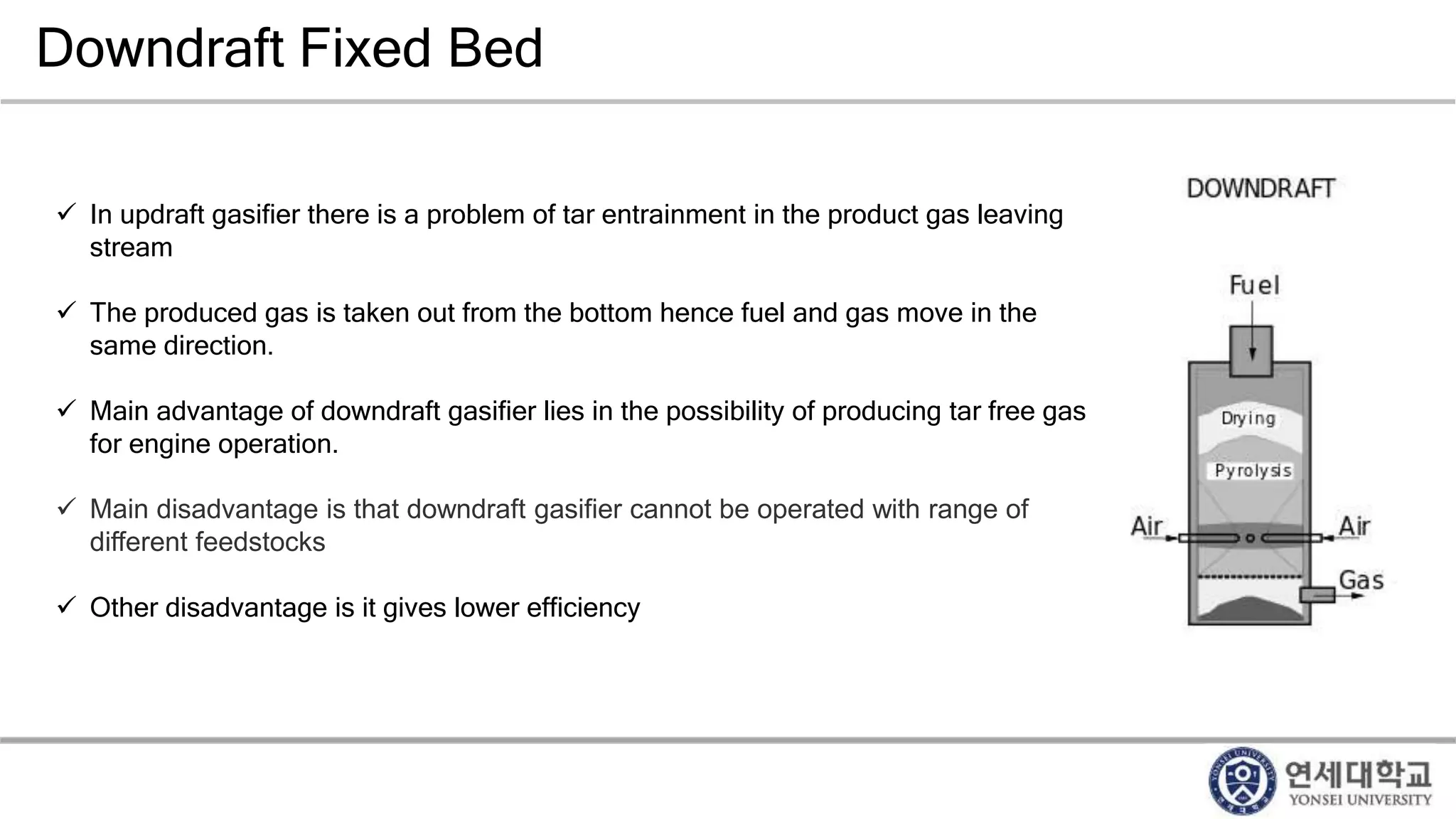 Downdraft Fixed Bed
 In updraft gasifier there is a problem of tar entrainment in the product gas leaving
stream
 The produced gas is taken out from the bottom hence fuel and gas move in the
same direction.
 Main advantage of downdraft gasifier lies in the possibility of producing tar free gas
for engine operation.
 Main disadvantage is that downdraft gasifier cannot be operated with range of
different feedstocks
 Other disadvantage is it gives lower efficiency
 