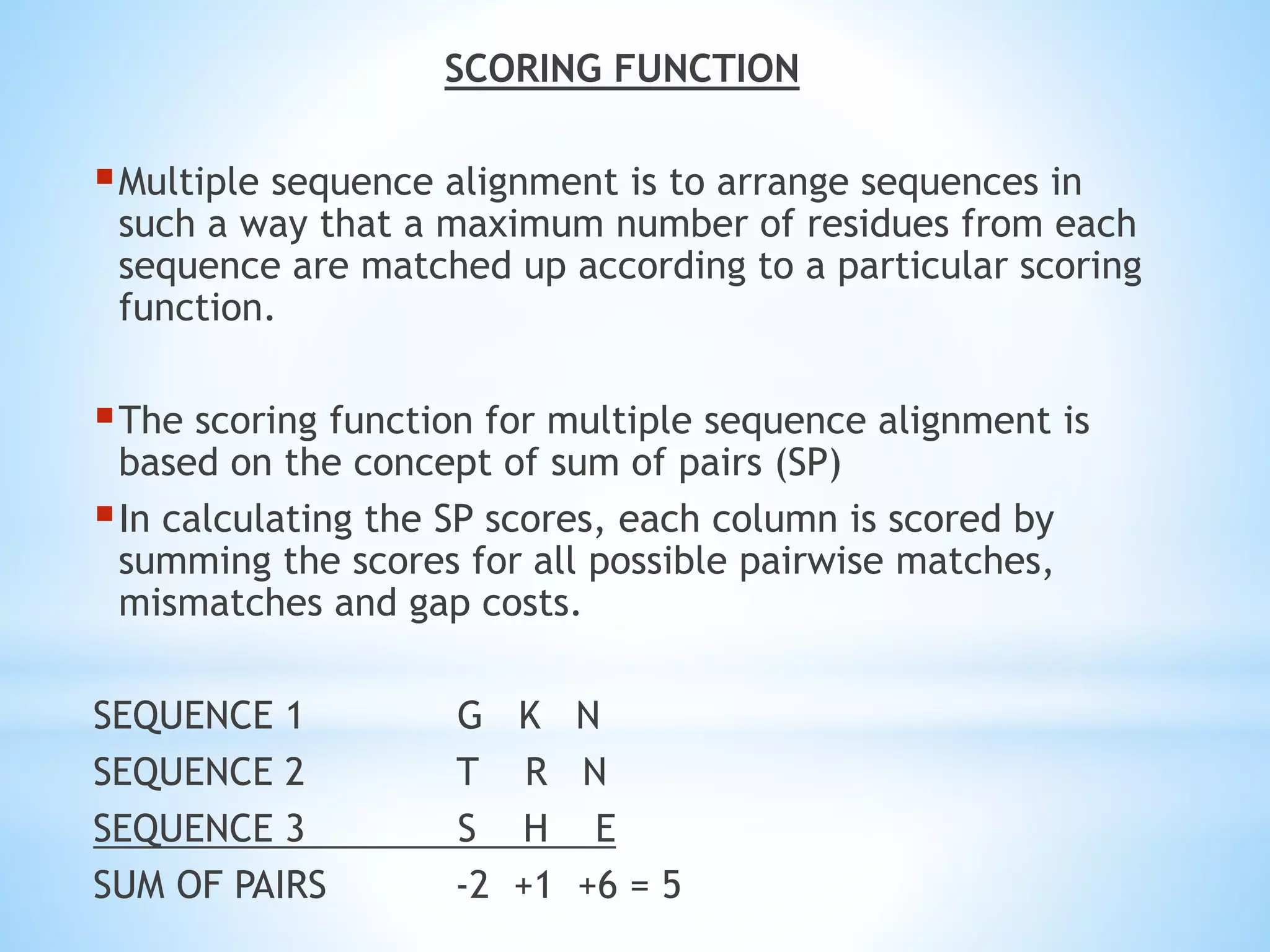 SCORING FUNCTION
Multiple sequence alignment is to arrange sequences in
such a way that a maximum number of residues from each
sequence are matched up according to a particular scoring
function.
The scoring function for multiple sequence alignment is
based on the concept of sum of pairs (SP)
In calculating the SP scores, each column is scored by
summing the scores for all possible pairwise matches,
mismatches and gap costs.
SEQUENCE 1 G K N
SEQUENCE 2 T R N
SEQUENCE 3 S H E
SUM OF PAIRS -2 +1 +6 = 5
 