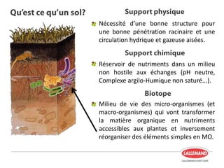 Nécessité d’une bonne structure pour
une bonne pénétration racinaire et une
circulation hydrique et gazeuse aisées.
Réservoir de nutriments dans un milieu
non hostile aux échanges (pH neutre,
Complexe argilo-Humique non saturé...).
Milieu de vie des micro-organismes (et
macro-organismes) qui vont transformer
la matière organique en nutriments
accessibles aux plantes et inversement
réorganiser des éléments simples en MO.
 