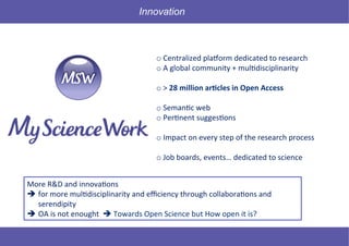 45 © Mysciencework - Strictly private and confidential – All rights reserved. www.mysciencework.com
	
  
o 	
  Centralized	
  pla-orm	
  dedicated	
  to	
  research	
  
o 	
  A	
  global	
  community	
  +	
  mul9disciplinarity	
  
o 	
  >	
  28	
  million	
  ar+cles	
  in	
  Open	
  Access	
  
	
  
o 	
  Seman9c	
  web	
  
o 	
  Per9nent	
  sugges9ons	
  
o 	
  Impact	
  on	
  every	
  step	
  of	
  the	
  research	
  process	
  
	
  
o 	
  Job	
  boards,	
  events…	
  dedicated	
  to	
  science	
  
Innovation
More	
  R&D	
  and	
  innova9ons	
  	
  
è for	
  more	
  mul9disciplinarity	
  and	
  eﬃciency	
  through	
  collabora9ons	
  and	
  
serendipity	
  
è OA	
  is	
  not	
  enought	
  	
  è	
  Towards	
  Open	
  Science	
  but	
  How	
  open	
  it	
  is?	
  
 