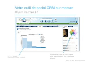 Votre outil de social CRM sur mesure
         Copies d’écrans # 1




                               Système de score de participation
Outil de CRM sur mesure        pour identification des meilleurs
                               auteurs
                                                     Tinkuy	
  -­‐	
  Nov.	
  2011	
  -­‐	
  Reproduc)on	
  interdite	
  
 