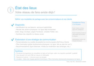 État des lieux
Votre réseau de fans existe déjà !

Définir vos modalités de partage avec les consommateurs et vos clients
                                                                                                              Compétences Tinkuy
Diagnostic                                                                                                    > 3 à 10 jours

- Identification de vos besoins, verrous et spécificités                                                      Expert réseaux sociaux
-  Récolte des actions physiques / en ligne déjà entreprises                                                  (approche stratégique)

(sites, blogs, boutique, pages Facebook, comptes Twitter, etc)
                                                                                                              Expert marketing durable et
- Synthèse des objectifs du réseau social                                                                     responsable (structuration
                                                                                                              du réseau)


Élaboration d’une stratégie de communication                                                                  Webdesigners (cahier des
                                                                                                              charges technique)
- Personnalisation du modèle de plateforme communautaire MyTinkuy Clients
- Plan d’animation global (évènements physiques / en ligne, liés au plan de com°)
- Recommandations (ligne éditoriale, modes de modération des échanges, etc.)

Synthèse
> Construire le programme de consultation en ligne et hors ligne, selon vos objectifs quantitatif / qualitatif
> Vous équiper d’un outil CRM sur mesure et maîtrisable
> Ressource à prévoir : 3 réunions avec vos équipes
> Livrables : Cahier des charges général et technique + Plan d’animation (évènements physiques et en ligne)
                                                                                           Tinkuy	
  -­‐	
  Nov.	
  2011	
  -­‐	
  Reproduc)on	
  interdite	
  
 