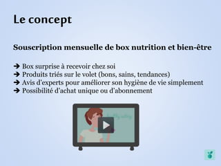 Souscription mensuelle de box nutrition et bien-être
 Box surprise à recevoir chez soi
 Produits triés sur le volet (bons, sains, tendances)
 Avis d’experts pour améliorer son hygiène de vie simplement
 Possibilité d’achat unique ou d’abonnement
Le concept
 