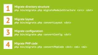 1 Migrate directory structure
php bin/migrate.php migrateModuleStructure <src> <dst>
2 Migrate layout
php bin/migrate.php ...