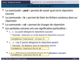 Linux : Guide de survie
BAC PRO SEN : Formation à Linux
C h a p i t r e 2 : L e s y s t è m e d e fi c h i e r s
Page 14
Où suis-je, où vais-je ?
 La commande « pwd » permet de savoir quel est le répertoire
courant
 La commande « ls » permet de lister les fichiers contenus dans un
répertoire
 La commande « cd » permet de changer de répertoire
 Les symboles suivants ont une signification particulière :
 « . » : Le point désigne le répertoire courant
• Exemple : Exécuter un script depuis le répertoire courant
 « .. » : Les 2 points désignent le répertoire parent
• Exemple : Se déplacer dans le répertoire parent
 « ~ » : Désigne le répertoire home de l’utilisateur courant
root@debian:/home/paul# ./script.sh
root@debian:/home/paul/Docs# cd ..
root@debian:/home/paul/Docs# cd ~
 