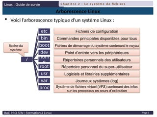 Linux : Guide de survie
BAC PRO SEN : Formation à Linux
C h a p i t r e 2 : L e s y s t è m e d e fi c h i e r s
Page 3
Arborescence Linux
 Voici l’arborescence typique d’un système Linux :
/
etc
bin
boot
dev
hom
e
root
usr
var
proc
Racine du
système
Fichiers de configuration
Commandes principales disponibles pour tous
Fichiers de démarrage du système contenant le noyau
Point d’entrée vers les périphériques
Répertoires personnels des utilisateurs
Répertoire personnel du super-utilisateur
Logiciels et librairies supplémentaires
Journaux systèmes (log)
Système de fichiers virtuel (VFS) contenant des infos
sur les processus en cours d’exécution
 