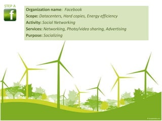 STEPA Organization name: Facebook Scope: Datacenters, Hard copies, Energy efficiency Activity: Social Networking Services: Networking, Photo/video sharing, Advertising Purpose: Socializing 