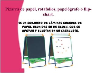 Pizarra de papel, rotafolios, papelógrafo o flip-
                     chart.
       Es un conjunto de láminas grandes de
         papel reunidas en un block, que se
         apoyan y sujetan en un caballete.
 