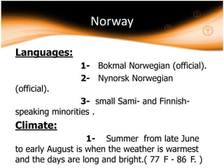 Norway
Languages:

(official).

1- Bokmal Norwegian (official).
2- Nynorsk Norwegian

3- small Sami- and Finnishspeaking minorities .

Climate:
1- Summer from late June
to early August is when the weather is warmest
and the days are long and bright.( 77 F - 86 F. )

 