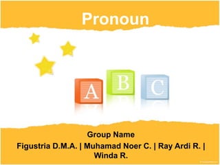 Pronoun
Group Name
Figustria D.M.A. | Muhamad Noer C. | Ray Ardi R. |
Winda R.
 