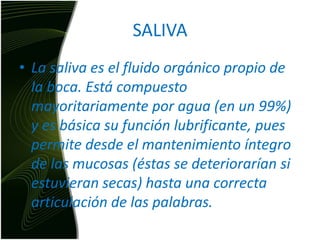 SALIVALa saliva es el fluido orgánico propio de la boca. Está compuesto mayoritariamente por agua (en un 99%) y es básica su función lubrificante, pues permite desde el mantenimiento íntegro de las mucosas (éstas se deteriorarían si estuvieran secas) hasta una correcta articulación de las palabras. 