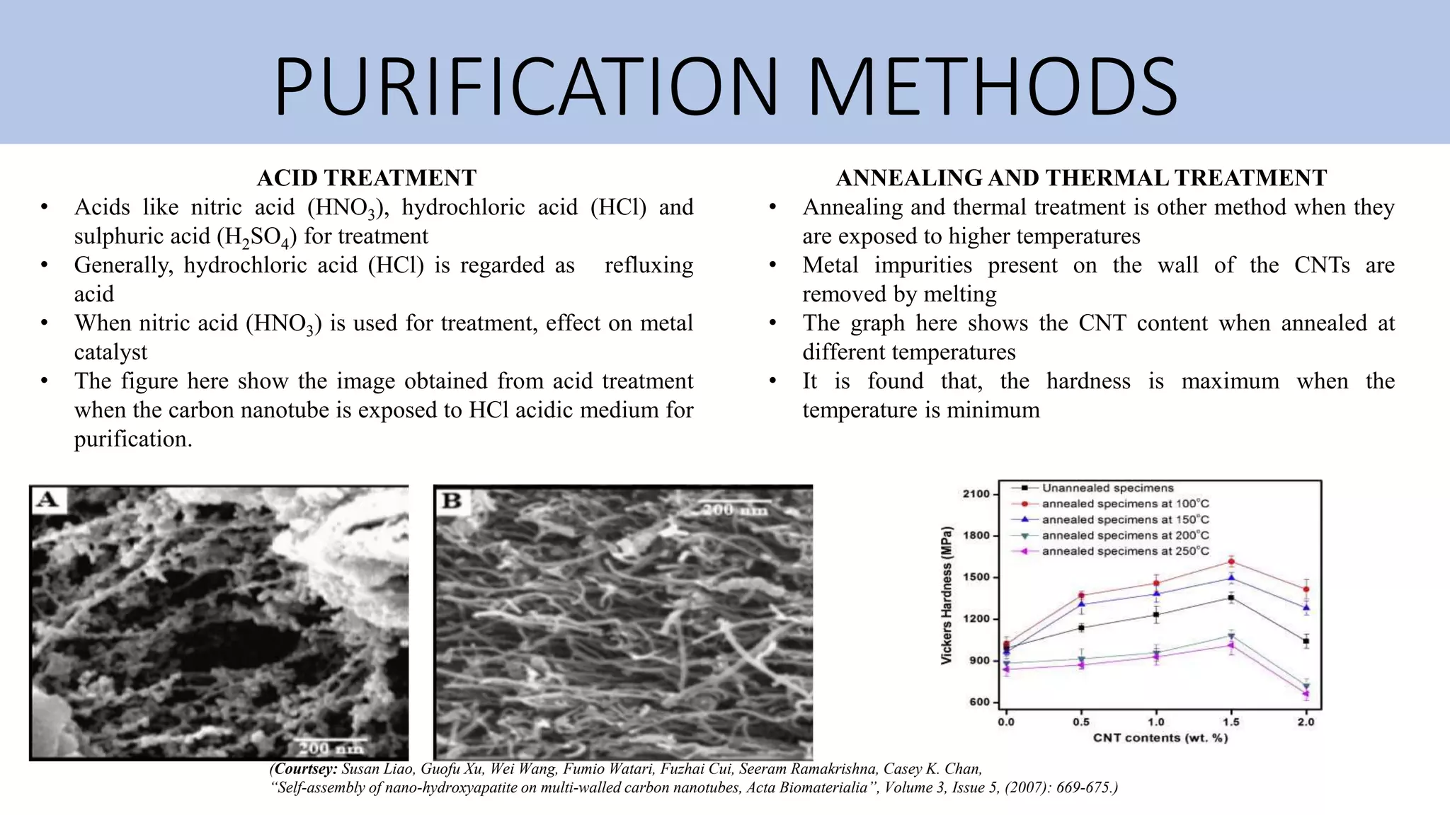 PURIFICATION METHODS
ACID TREATMENT
• Acids like nitric acid (HNO3), hydrochloric acid (HCl) and
sulphuric acid (H2SO4) for treatment
• Generally, hydrochloric acid (HCl) is regarded as refluxing
acid
• When nitric acid (HNO3) is used for treatment, effect on metal
catalyst
• The figure here show the image obtained from acid treatment
when the carbon nanotube is exposed to HCl acidic medium for
purification.
ANNEALING AND THERMAL TREATMENT
• Annealing and thermal treatment is other method when they
are exposed to higher temperatures
• Metal impurities present on the wall of the CNTs are
removed by melting
• The graph here shows the CNT content when annealed at
different temperatures
• It is found that, the hardness is maximum when the
temperature is minimum
(Courtsey: Susan Liao, Guofu Xu, Wei Wang, Fumio Watari, Fuzhai Cui, Seeram Ramakrishna, Casey K. Chan,
“Self-assembly of nano-hydroxyapatite on multi-walled carbon nanotubes, Acta Biomaterialia”, Volume 3, Issue 5, (2007): 669-675.)
 