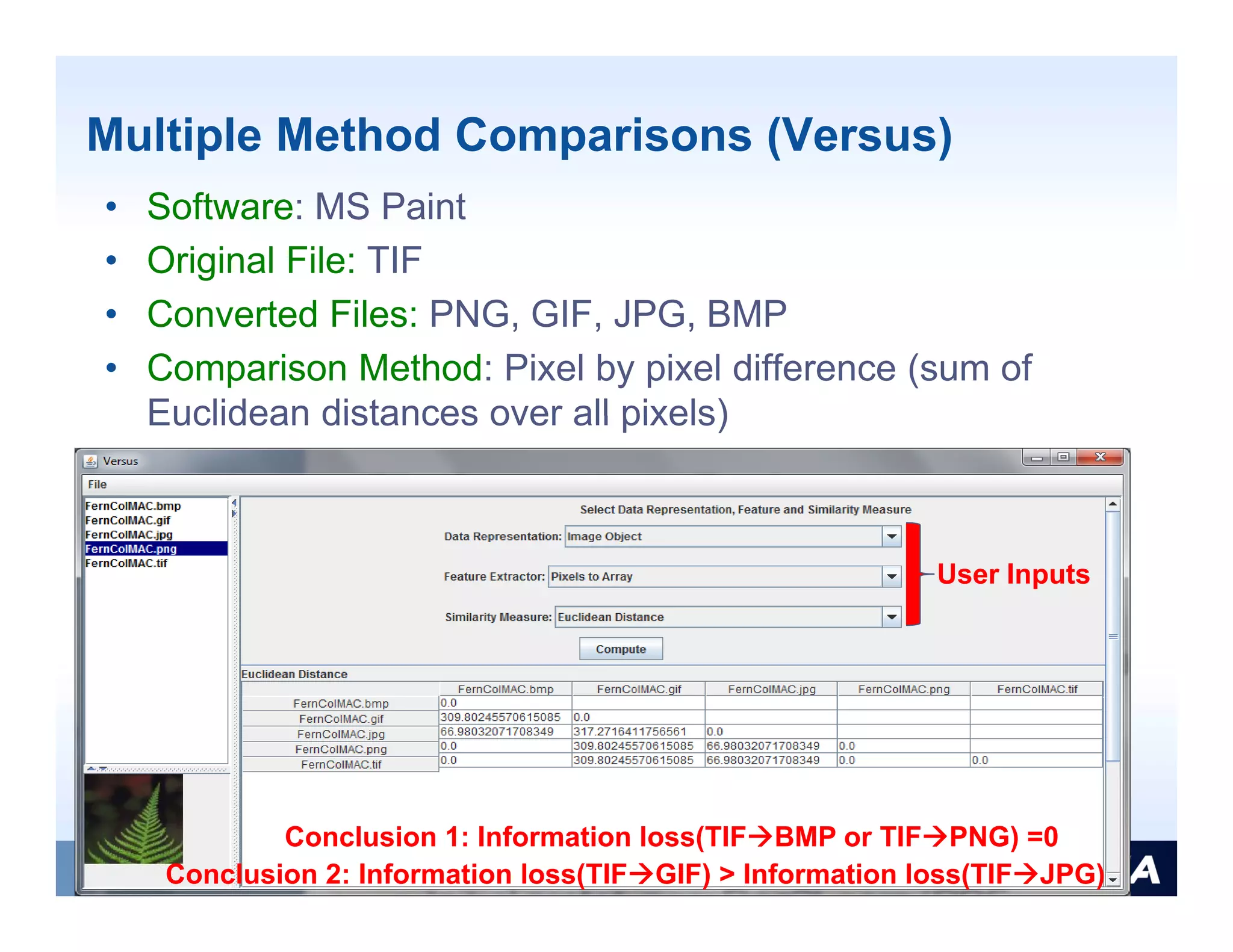 Multiple Method Comparisons (Versus)
•   Software: MS Paint
•   Original File: TIF
•   Converted Files: PNG, GIF, JPG, BMP
•   Comparison Method: Pixel by pixel difference (sum of
    Euclidean distances over all pixels)



                                                           User Inputs




             Conclusion 1: Information loss(TIFBMP or TIFPNG) =0
     Conclusion 2: Information loss(TIFGIF) > Information loss(TIFJPG)
 