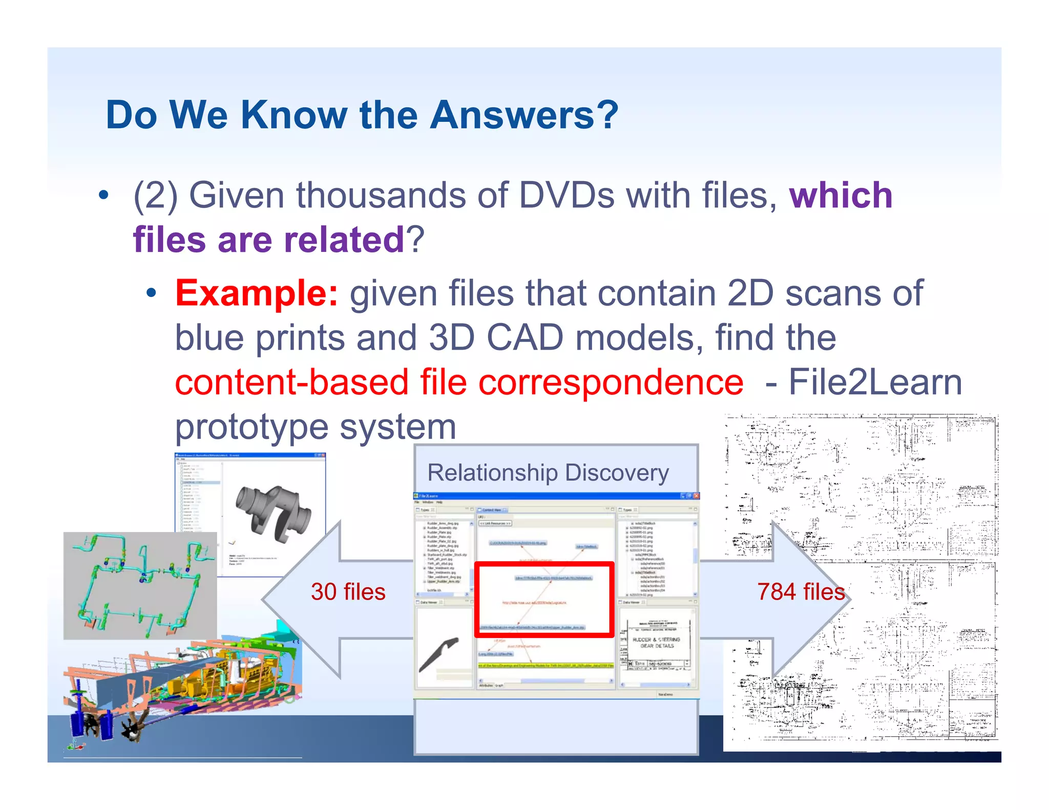 Do We Know the Answers?
• (2) Given thousands of DVDs with files, which
  files are related?
   • Example: given files that contain 2D scans of
     blue prints and 3D CAD models, find the
          p                          ,
     content-based file correspondence - File2Learn
     prototype system
                       Relationship Discovery




            30 files                            784 files
 