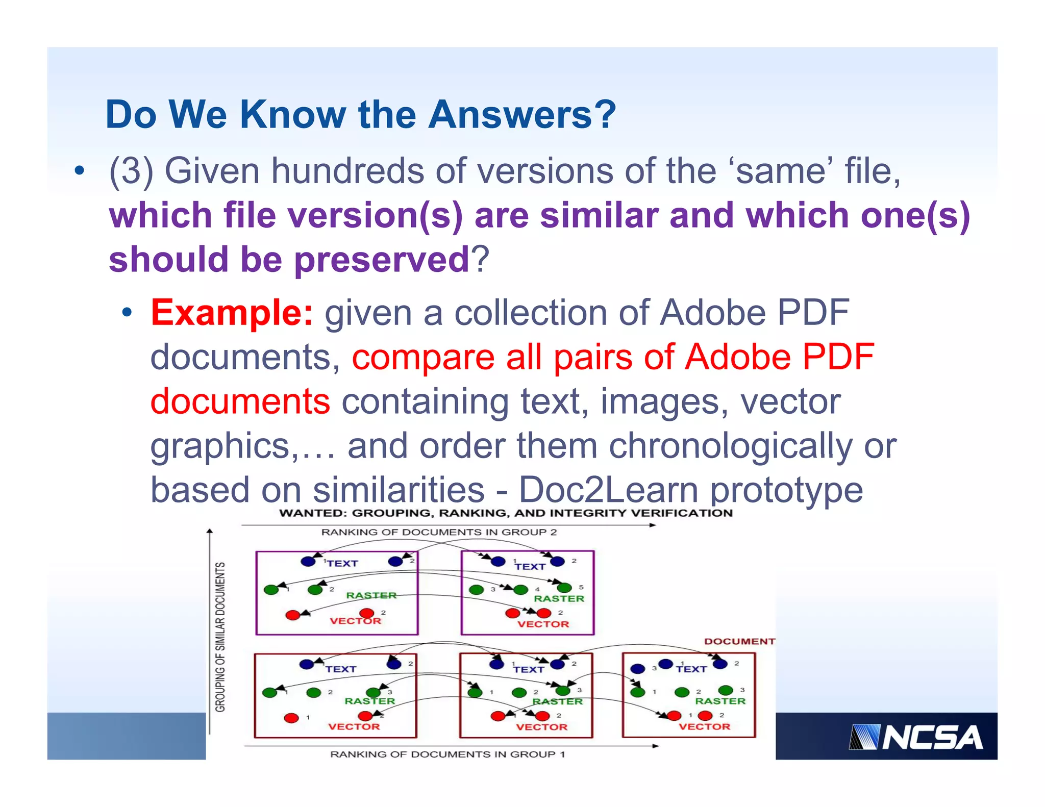 Do We Know the Answers?
• (3) Given hundreds of versions of the ‘same’ file,
  which file version(s) are similar and which one(s)
  should be preserved?
    h ld b              d?
   • Example: given a collection of Adobe PDF
     documents,
     documents compare all pairs of Adobe PDF
     documents containing text, images, vector
     graphics,… and order them chronologically or
     based on similarities - Doc2Learn prototype
 