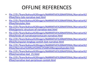 OFFLINE REFERENCES
• file:///D:/Team/bahasa%20inggris/NARRATIVE%20MATERIAL/Narrative%2
0Text/fairy-tale-narrative-text.html
• file:///D:/Team/bahasa%20inggris/NARRATIVE%20MATERIAL/Narrative%2
0Text/fairytales.htm
• file:///D:/Team/bahasa%20inggris/NARRATIVE%20MATERIAL/Narrative%2
0Text/generic-structure-of-narrative-text.html
• file:///D:/Team/bahasa%20inggris/NARRATIVE%20MATERIAL/Narrative%2
0Text/kinds-of-narrativejenismacam-narrative.html
• file:///D:/Team/bahasa%20inggris/NARRATIVE%20MATERIAL/Narrative%2
0Text/kumpulan-lengkap-contoh-text-narrative.html
• file:///D:/Team/bahasa%20inggris/NARRATIVE%20MATERIAL/Narrative%2
0Text/Narrative%20Text%20%C2%AB%20beagoodspeaker.htm
• file:///D:/Team/bahasa%20inggris/NARRATIVE%20MATERIAL/Narrative%2
0Text/narrative-text_21.html
• file:///D:/Team/bahasa%20inggris/NARRATIVE%20MATERIAL/Narrative%2
0Text/narrative-text-penjelasan-contoh.html
 