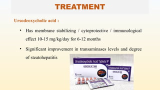 TREATMENT
Ursodeoxycholic acid :
• Has membrane stabilizing / cytoprotective / immunological
effect 10-15 mg/kg/day for 6-12 months
• Significant improvement in transaminases levels and degree
of steatohepatitis
 